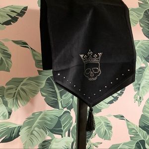 Black Velvet Table Runner with Rhinestone Crowned Skull & Tassels Goth Halloween